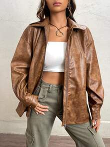 SHEIN EZwear 落肩袖拉鏈開襟PU皮革外套 - 棕色 - 查看 5
