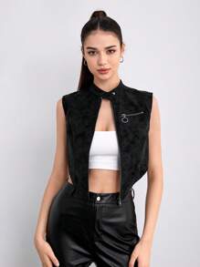 SHEINNeu Nhuộm buộc Dây kéo Viền không đối xứng Áo khoác vest - màu đen - Xem 6