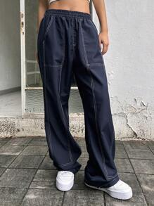 DAZY Khâu trên cùng Eo đàn hồi Quần ống rộng - Màu xanh hải quân - Xem 3