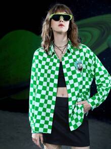 Rick and Morty X SHEIN 卡通和棋盤格印花前紐扣襯衫 - 彩色 - 查看 4