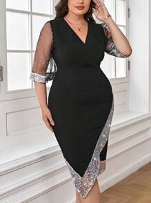 Gownix Plus Contrast Sequin Mesh Sleeve Asymmetrical Hem Dress