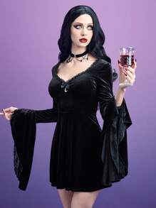 ROMWE PUNK Velvet Contrast Lace Flounce Sleeve Dress - Black - View 4