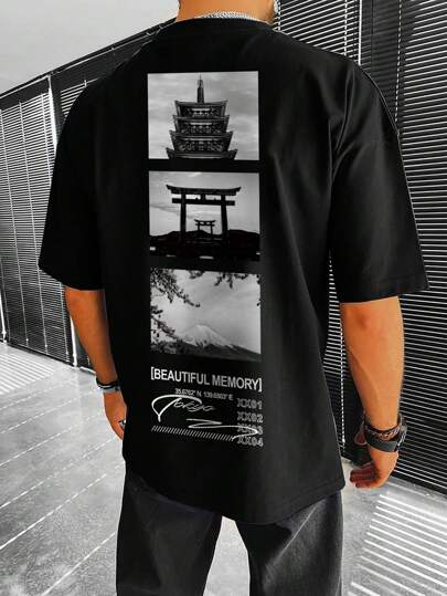 Manfinity Homme Hombres Camiseta de hombros caídos con estampado de slogan