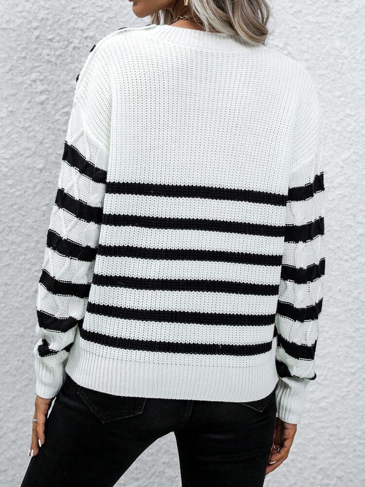 Striped Pattern Drop Shoulder Knit Pullover Fall Winter Sweater
