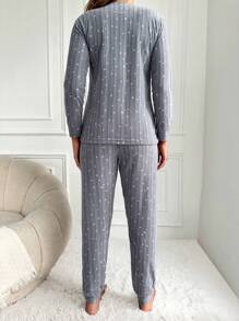 SHEIN Cottnline Bear Print Kangaroo Pocket PJ Set - Grey - View 2