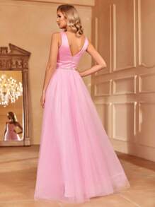 Sweetheart Contrast Mesh Formal Dress - Pink - View 2