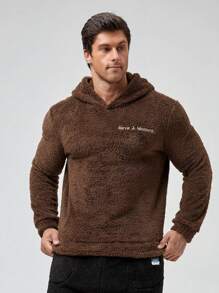 男士字母刺繡絨毛連帽休閒服上裝 - 咖啡棕 - 查看 1