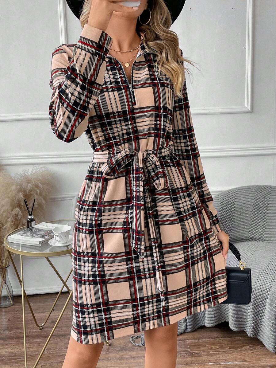 SHEIN Clasi 格紋印花前拉鏈繫腰帶洋裝 - 彩色 - 查看 1