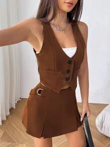 SHEIN EZwear 秋冬款纽扣前开衩背心西装外套和开衩下摆半身裙 - 棕色 - 查看 3