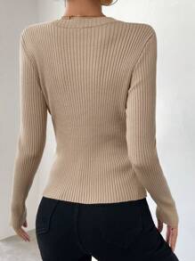 Chiquease Square Neck Split Hem Ribbed Knit Pullover Fall Winter Sweater - Apricot - View 2