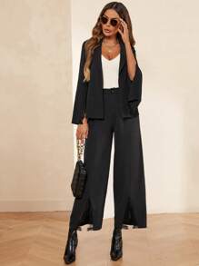 SHEIN Clasi Lapel Neck Lace Trim Split Sleeve Open Front Coat - Black - View 1