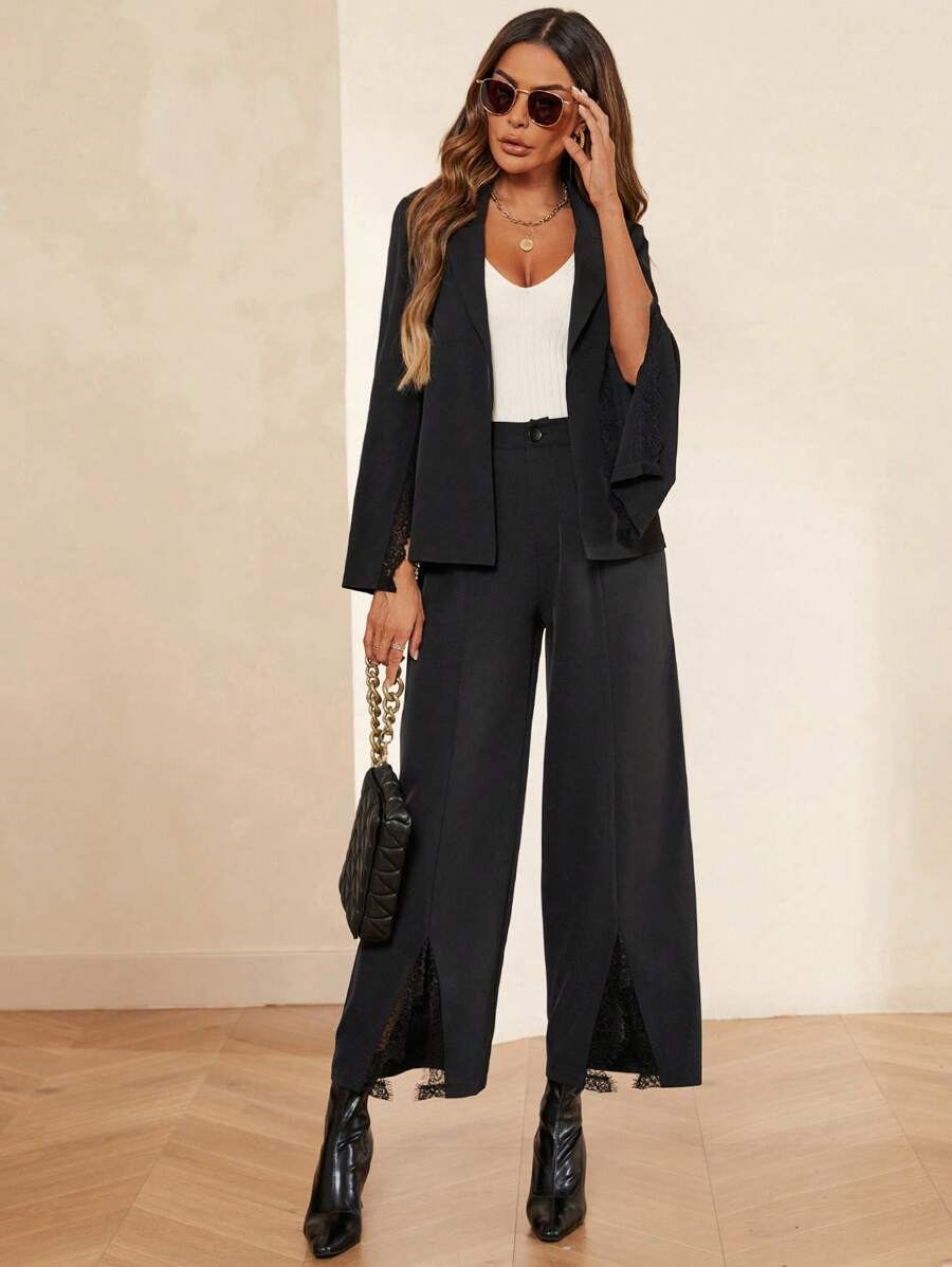 SHEIN Clasi Lapel Neck Lace Trim Split Sleeve Open Front Coat - Black - View 1