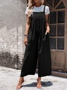 SHEIN LUNE Mono overol unicolor de pierna ancha sin camiseta - Negro - Ver 6