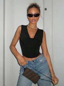 SHEIN ICON Summer Black Draped Collar Crop Tank Top - Black - View 4