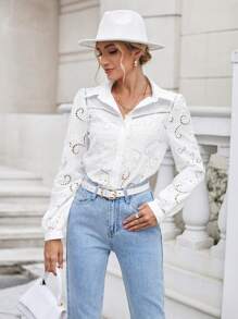 SHEIN Frenchy Solid Eyelet Embroidery Button Front Shirt - White - View 3