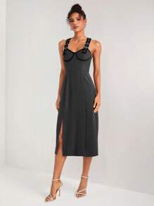 BROSKOV 设计师对比色绑带开叉大腿吊带优雅连衣裙，节日、派对、感恩节、新年前夜服装 - 深灰色 - 查看 3