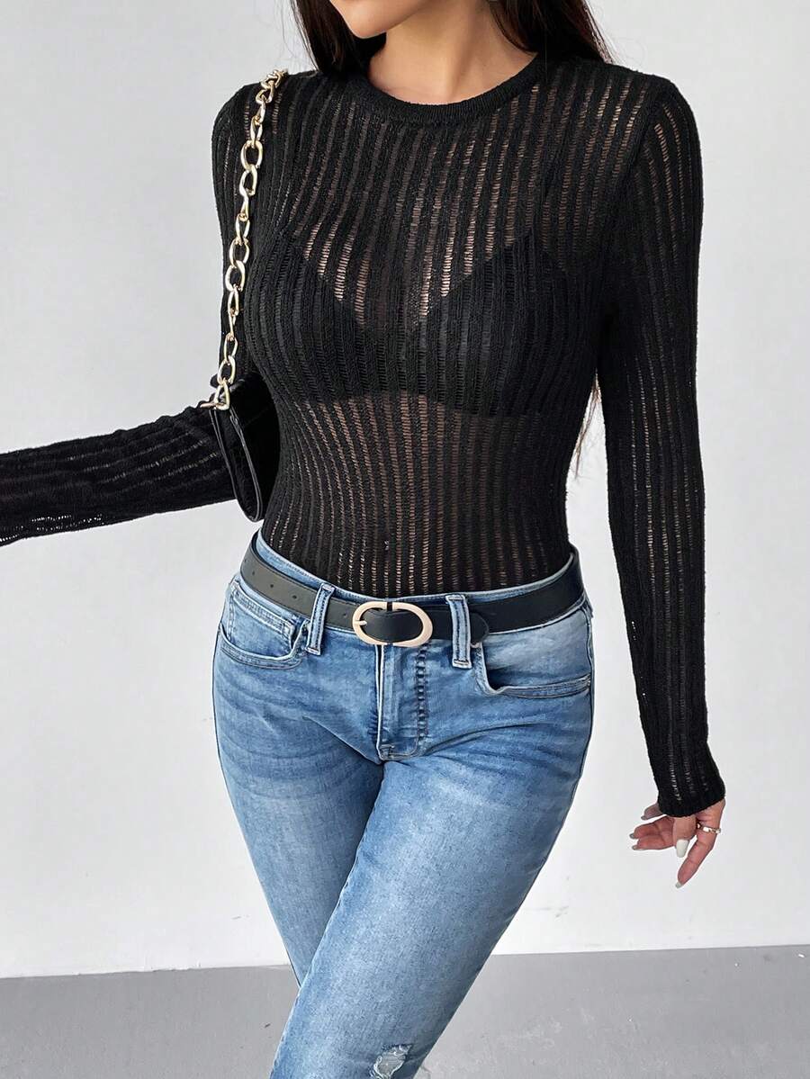SHEIN Essnce Solid Sheer Slim Fit Sweater Without Bra - Black - View 1