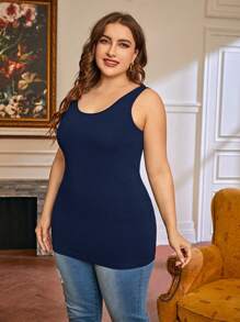 SHEIN LUNE Plus Size Women Christmas Jesień I Zima Ciemnoszary Prążkowany Tkanina U Dekolt Bazowy Tank Top