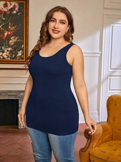 SHEIN LUNE Plus Size Women Christmas Jesień I Zima Ciemnoszary Prążkowany Tkanina U Dekolt Bazowy Tank Top