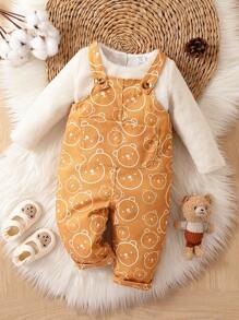 女嬰素色T恤&卡通圖案背帶連身褲 - 彩色 - 查看 1