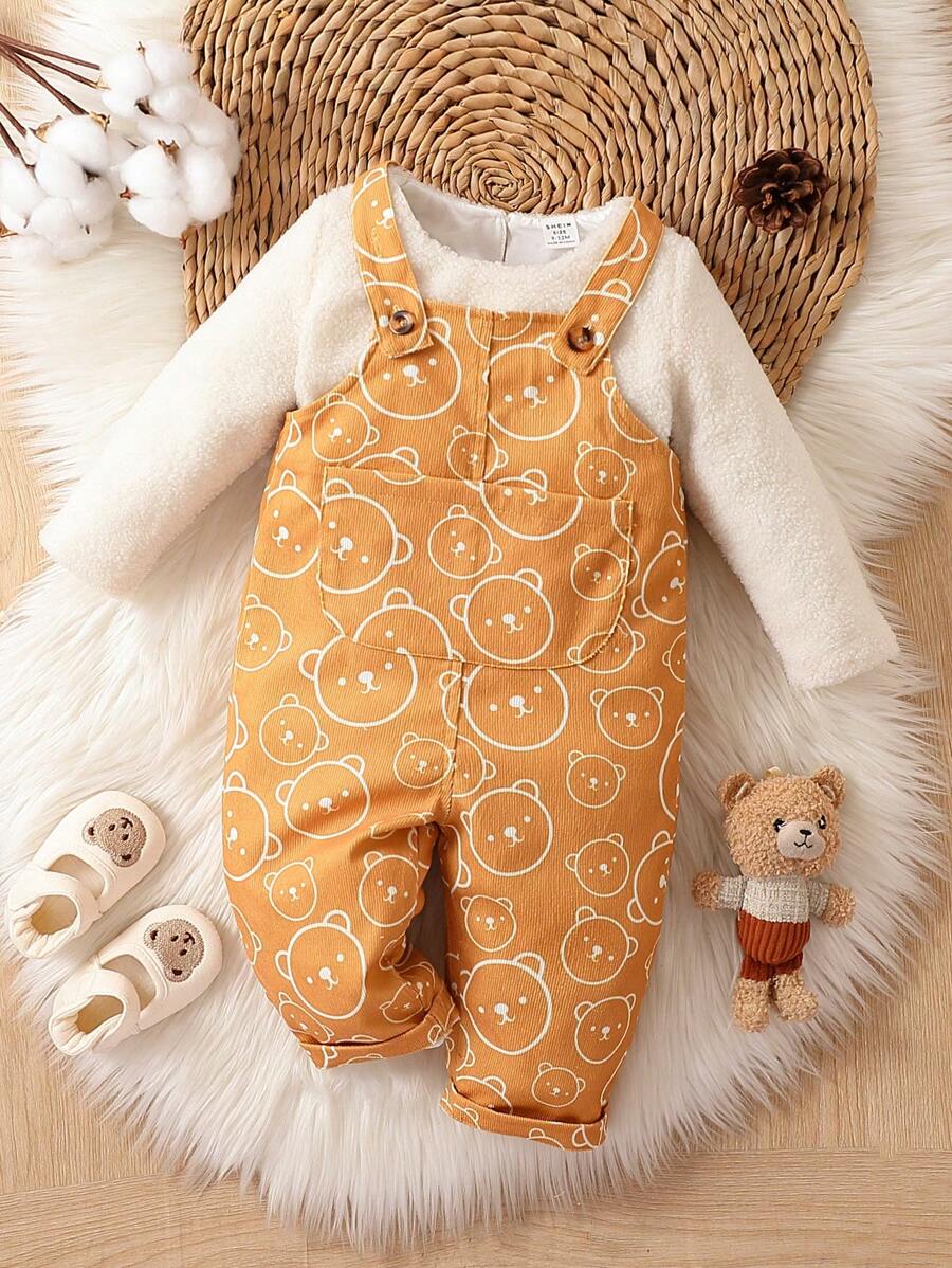 女嬰素色T恤&卡通圖案背帶連身褲 - 彩色 - 查看 1