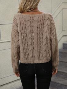 SHEIN LUNE 麻花针织落肩套头衫秋冬毛衣 - 卡其色 - 查看 2