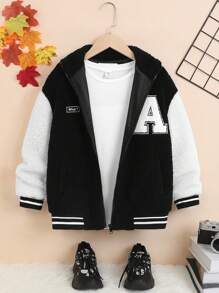 SHEIN Tween Boy Letter Patched Striped Trim Drop Shoulder Teddy Jacket - Black - View 4