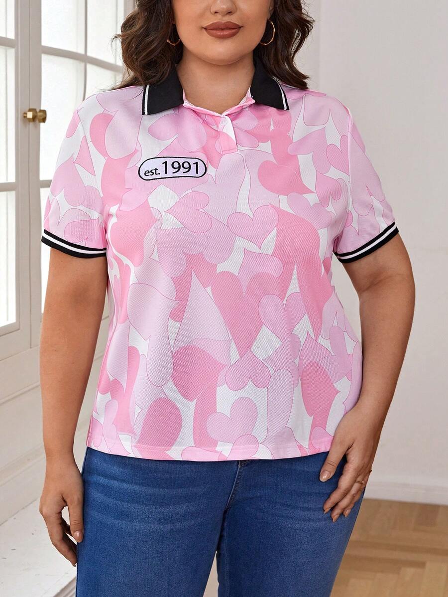 Mindsi Plus Heart and Letter Graphic Striped Trim Polo Neck Tee - Multicolor - View 1