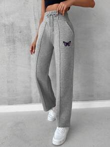 SHEIN Cottnline Butterfly Embroidery Drawstring Waist Seam Detail Sweatpants - Light Grey - View 1