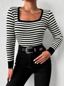 EURMUSE Striped Print Square Neck Tee - Black and White - View 1