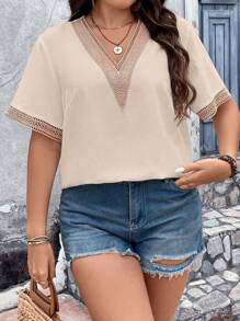 Breezaya Plus Contrast Guipure Lace Blouse - Apricot - View 5