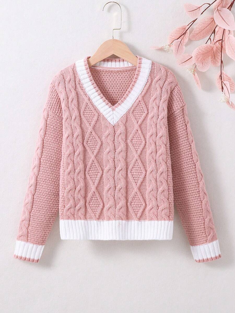 SHEIN 女大童拼接邊落肩袖麻花編織套頭毛衣 - 粉色 - 查看 1