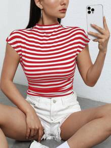 SHEIN EZwear Striped Print Batwing Sleeve Crop Tee - Red - View 5