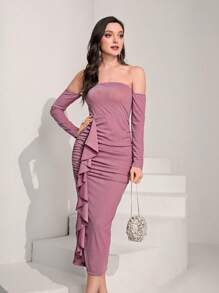 Modelyn Off Shoulder Ruffle Trim Ruched Dress Fall Cloth For Women - Purple - View 1