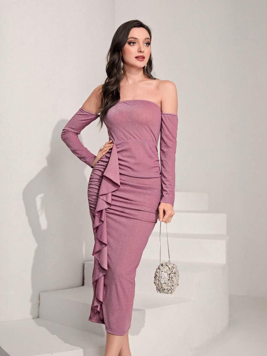 Modelyn Off Shoulder Ruffle Trim Ruched Dress Fall Cloth For Women - Purple - View 1