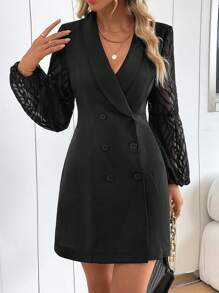 SHEIN Clasi Lưới tương phản Đôi ngực Khăn quàng Tay áo lồng đèn Đầm - màu đen - Xem 3