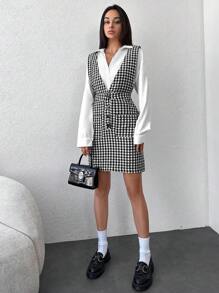 EURMUSE Houndstooth Print Overall Dress Without Blouse - Black - View 5