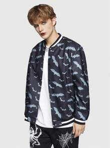 ROMWE MEN Goth 男士滿版蝙蝠圖案條紋飾邊飛行員夾克 - 黑色 - 查看 4