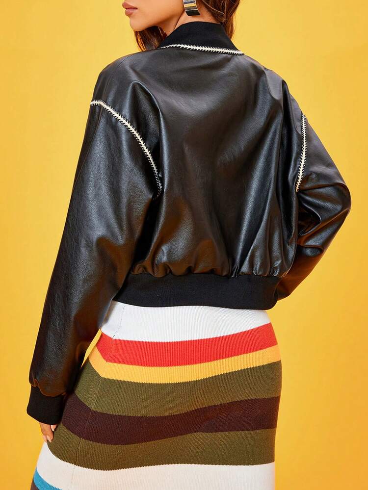 Contrast Trim Drop Shoulder PU Leather Bomber Jacket