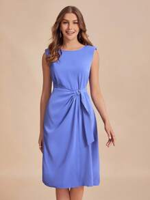 SHEIN Belle Solid Tie Front Dress - Blue - View 1