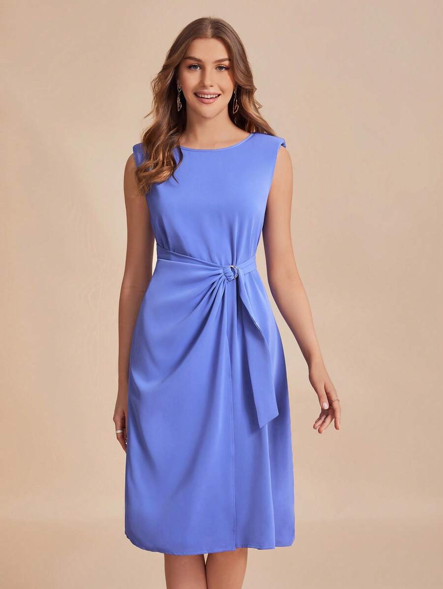 SHEIN Belle Solid Tie Front Dress - Blue - View 1