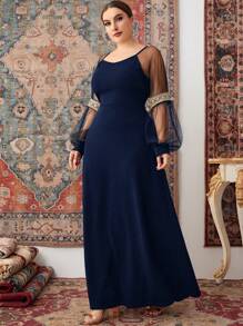 SHEIN Belle Plus Contrast Mesh Lantern Sleeve Sweetheart Neck Bridesmaid Dress - Navy Blue - View 3