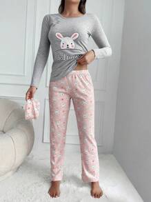 RueChic Rabbit & Letter Graphic PJ Set With Eye Cover - Multicolor - View 4