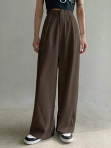 DAZY 褶裥细节阔腿西装裤商务装 - 棕色 - 查看 3