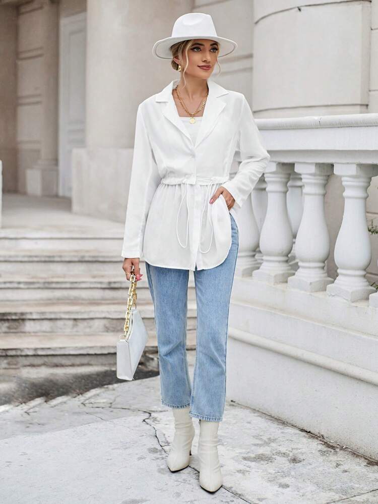 Lapel Neck Drawstring Waist Coat Fall Cloth For Women