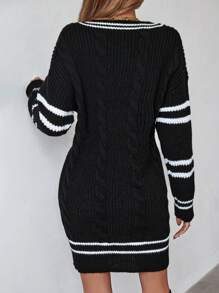 SHEIN Unity Striped Trim Cable Knit Drop Shoulder Sweater Dress Fall Winter Cloth For Women