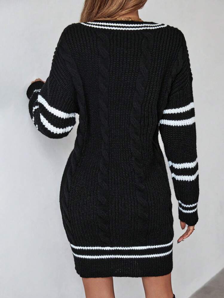 Striped Trim Cable Knit Drop Shoulder Sweater Dress Fall Winter Cloth For Women