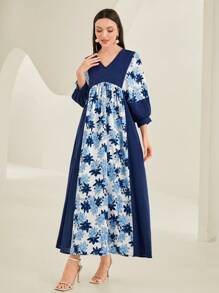 Al Najma Floral Print Lantern Sleeve Dress