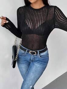 SHEIN Essnce Solid Sheer Slim Fit Sweater Without Bra - Black - View 5