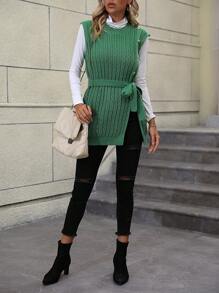 SHEIN LUNE 1pc Button Detail Cable Knit Belted Sweater Vest